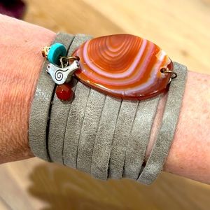 Leather cuff with carnelian stone, silver bird and pomegranate one of a kind